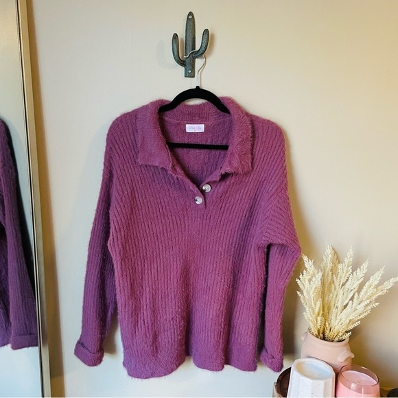 Pink Lily Purple Fuzzy Knit Collared Sweater - Picture 4 of 8